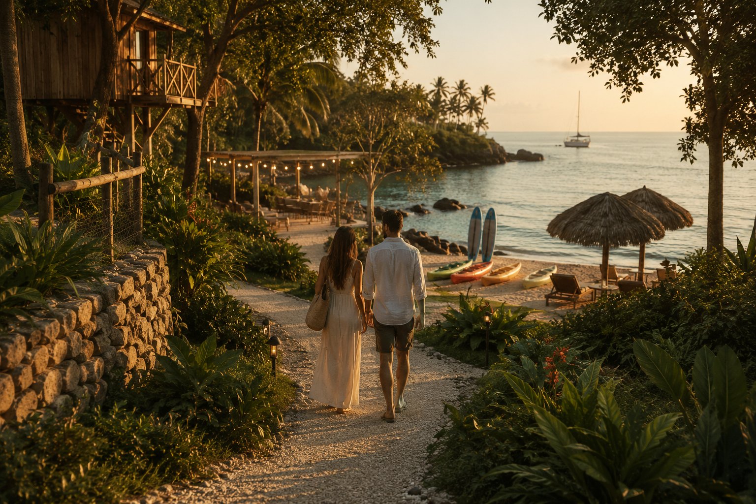 Pareja camino a la playa privada al atardecer