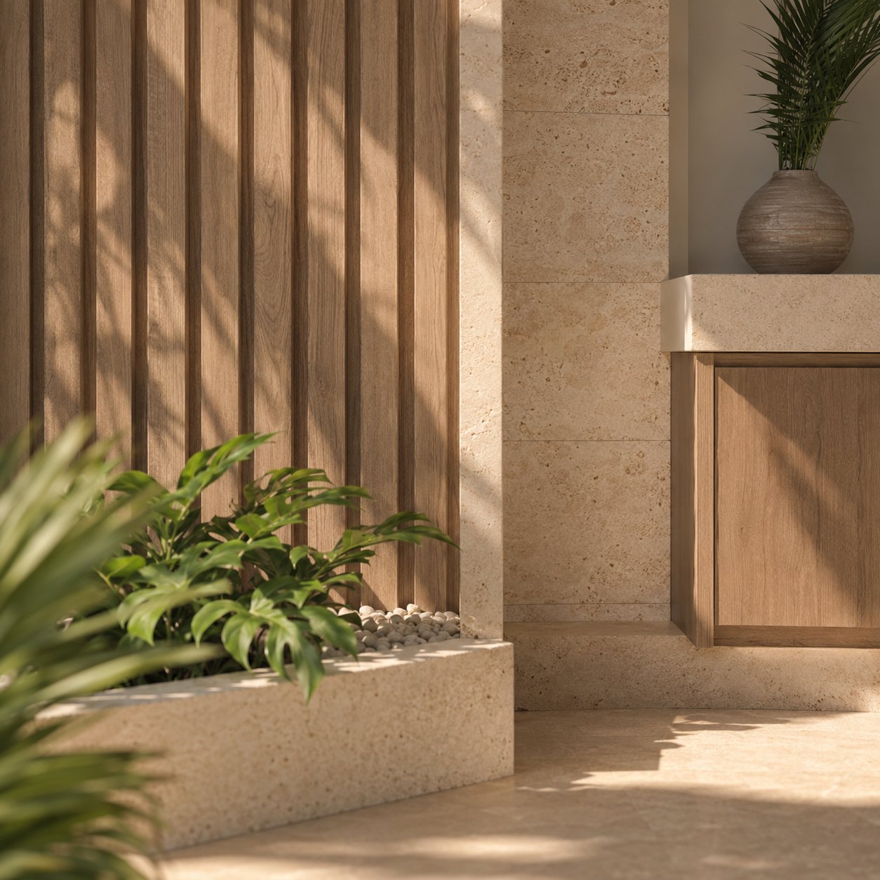 Detalle de madera y piedra en el balcón