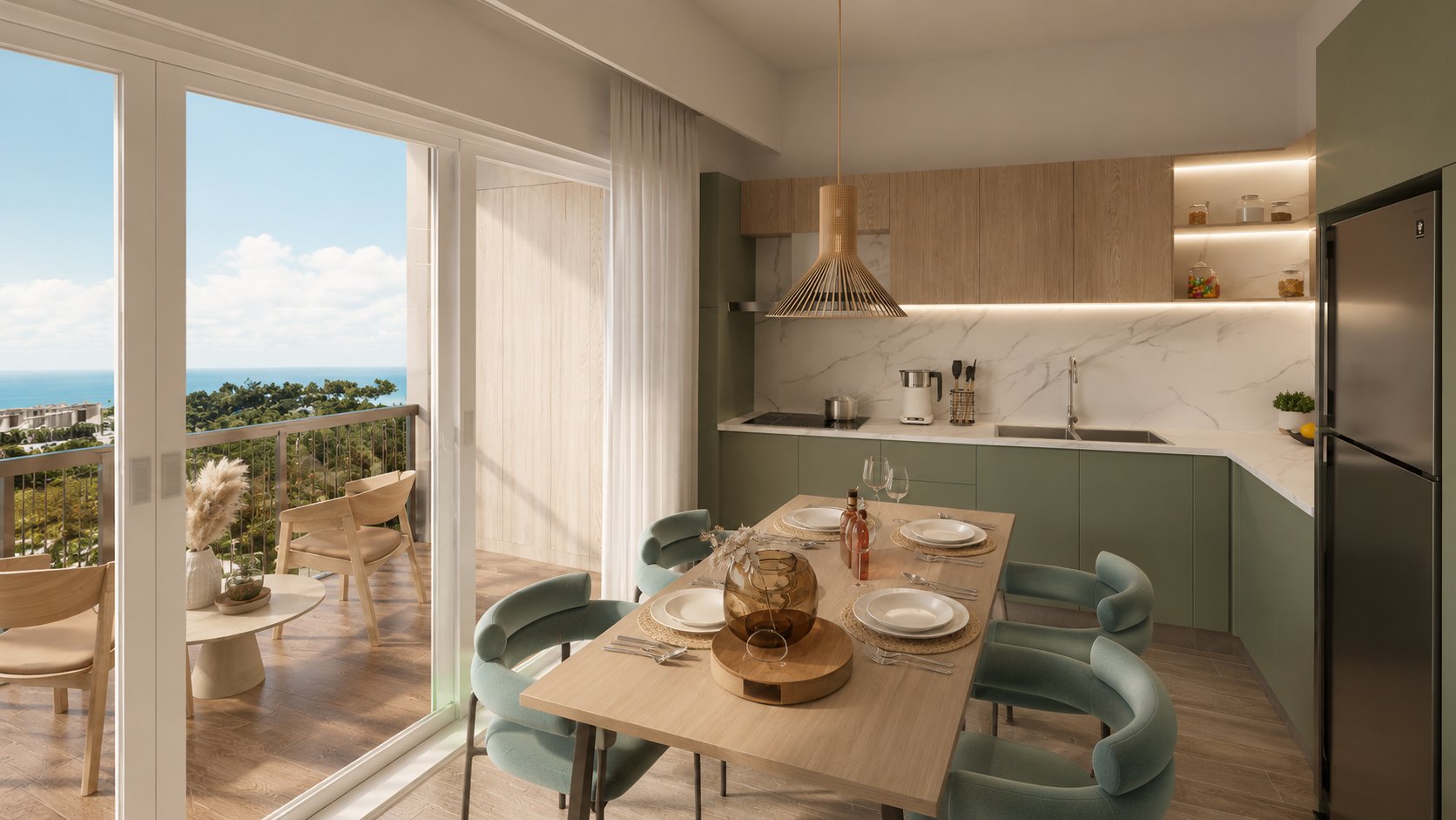 Cocina y comedor con vista a la bahía
