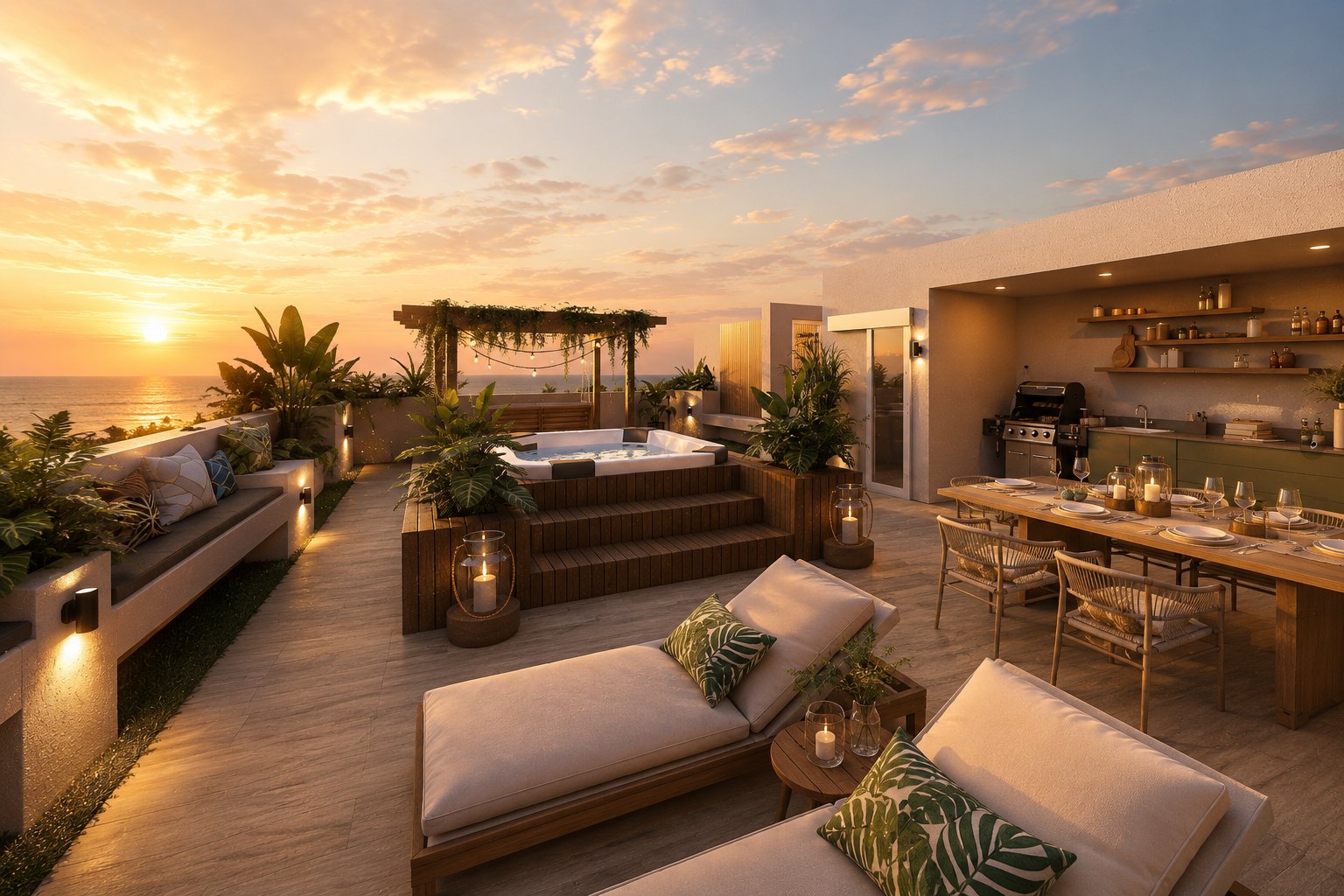 Terraza en la azotea al atardecer sobre la bahía